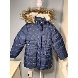 Kids Girls Navy Blue Puffer Coat Heart Print Faux Fur Hood Size 4